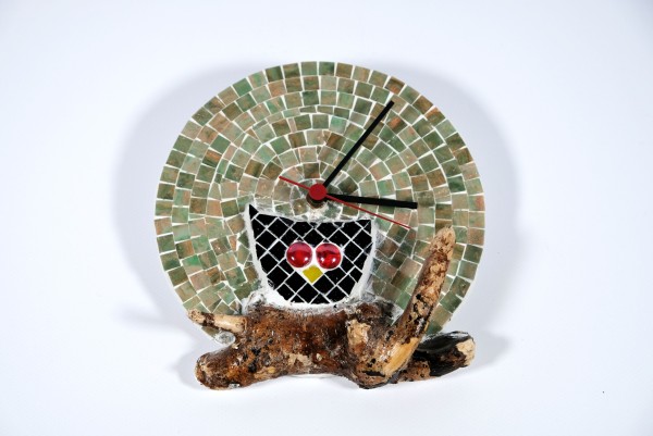 Mosaik Uhr "Eule auf Ast"